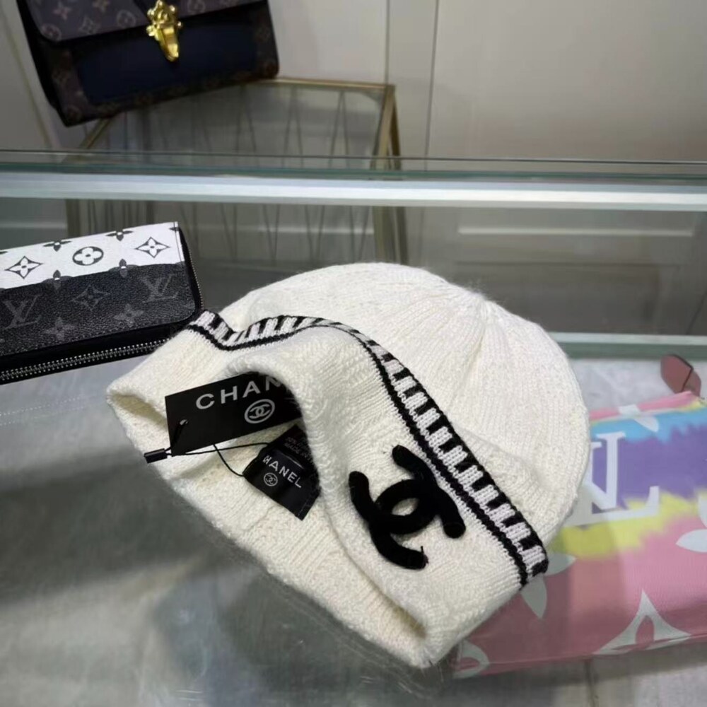 Chanel Striped Trim White Knit Beanie - Picture 2 of 4